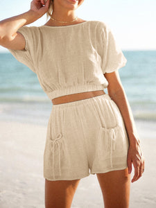Casual Round Neck Short Sleeve Solid Color Two-piece Suit
