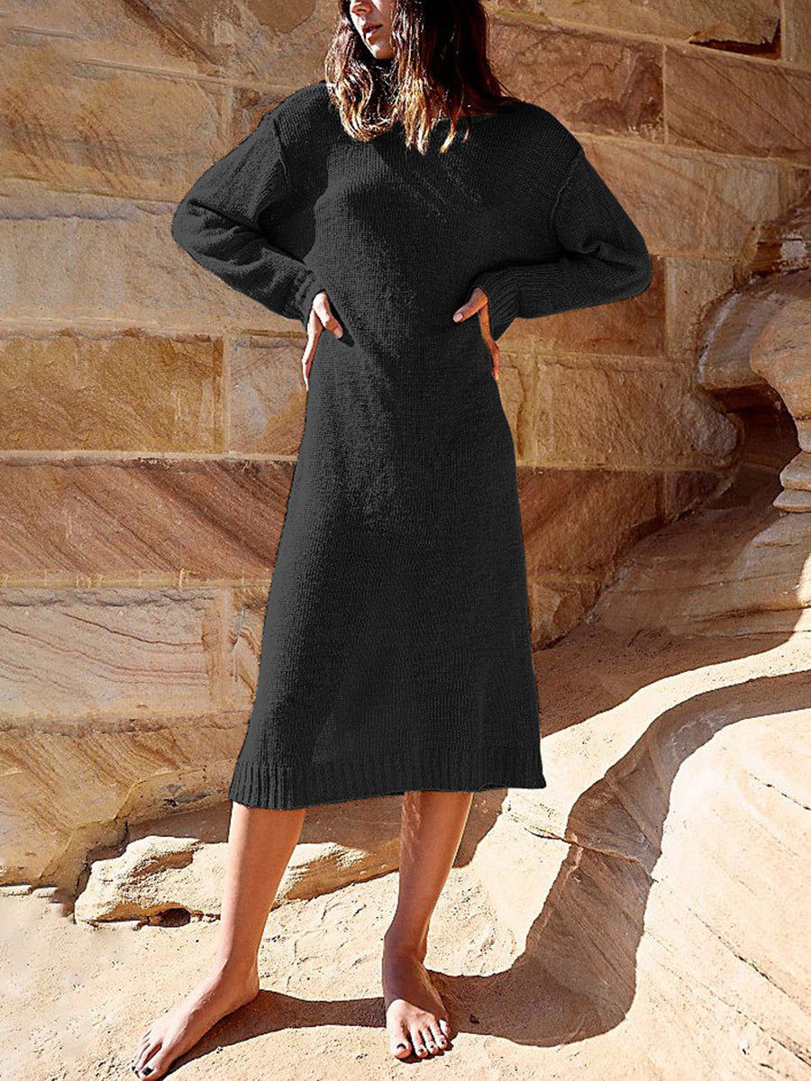 Loose Open Back Long Sleeves Knitted Casual Dress