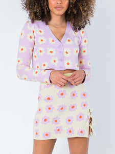 V-neck Floral Print Knit Suit