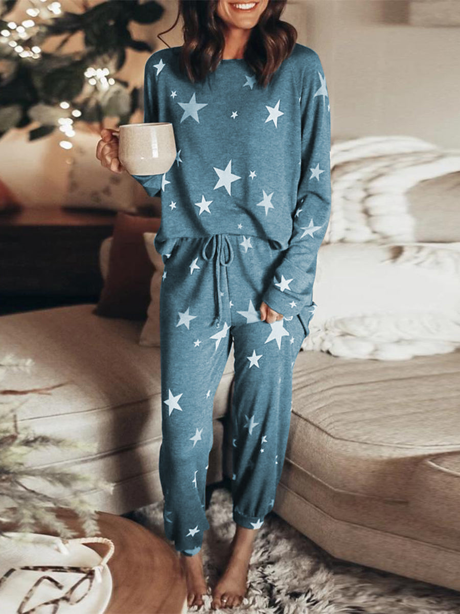 Casual Star Print Loose Long Sleeve Top Shorts Two-Piece Suit