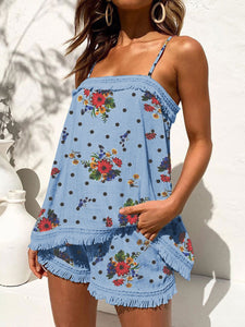 Bohemian Casual Loose Strap Tops Shorts Floral Suit