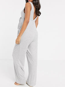 Casual Loose Short Sleeve V-neck Solid Color Pregnant Women's Jumpsuit