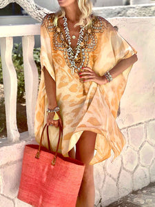 Bohemian Vintage Loose V Neck Leopard Print Floral Dress