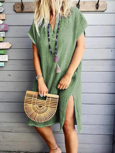 Plus Size Casual Solid V-Neck Short Sleeve Casual Dresses