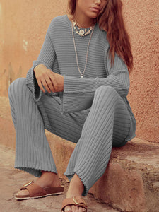 Simple Casual Striped Long-sleeved Top and Pants Suit for Women