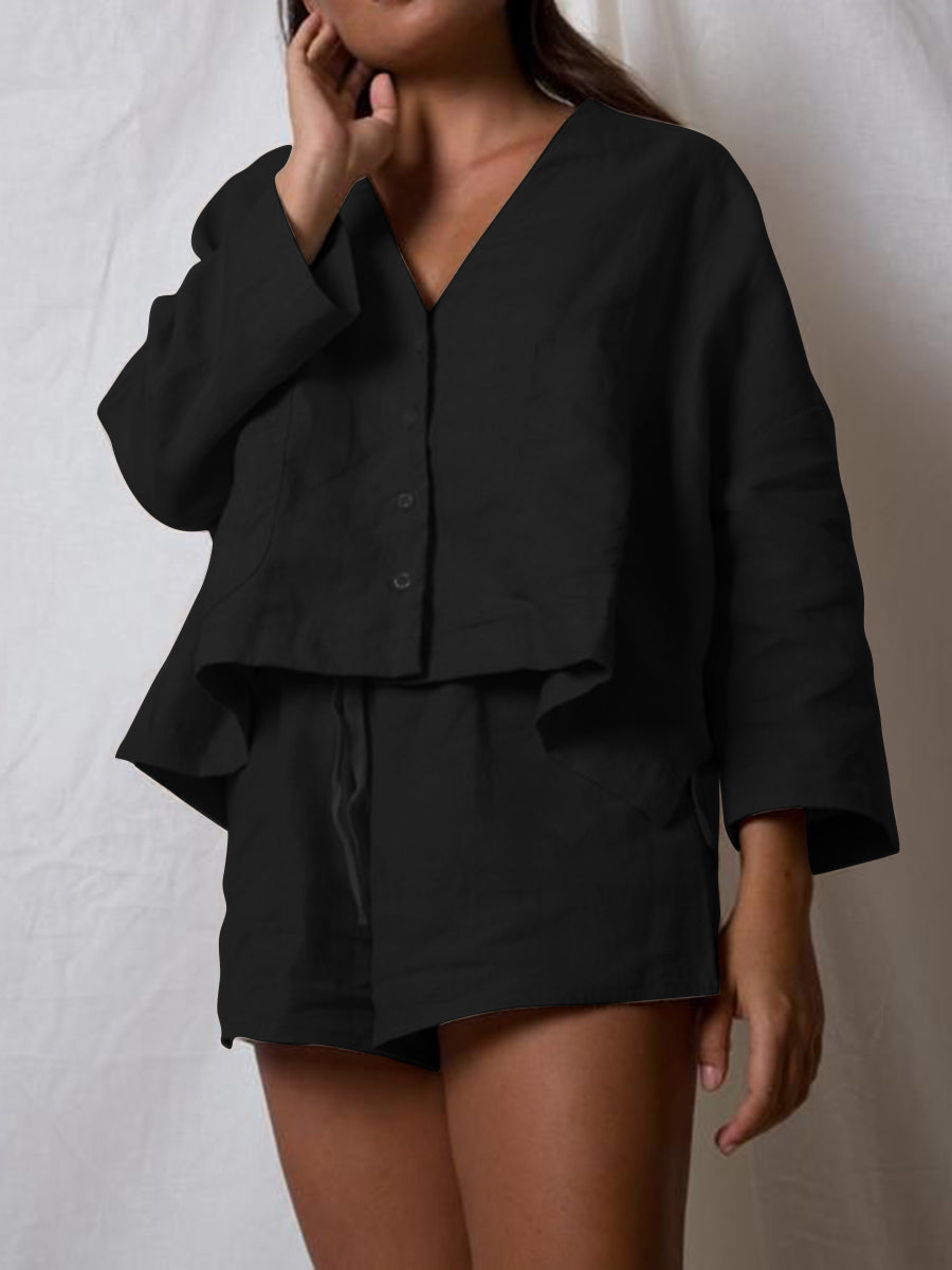 Casual Loose Solid Color Short Sleeve Two-piece Suit