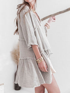 V-Neck Solid Color Cotton and Linen Dress