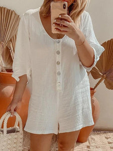 V-neck Short Sleeve Solid Color Jumpsuit