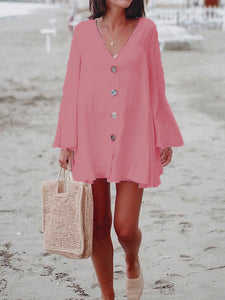 Retro Solid Color Button Long Sleeve Dress