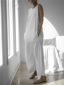 Off-the-shoulder Round Neck Solid Color Simple Jumpsuit
