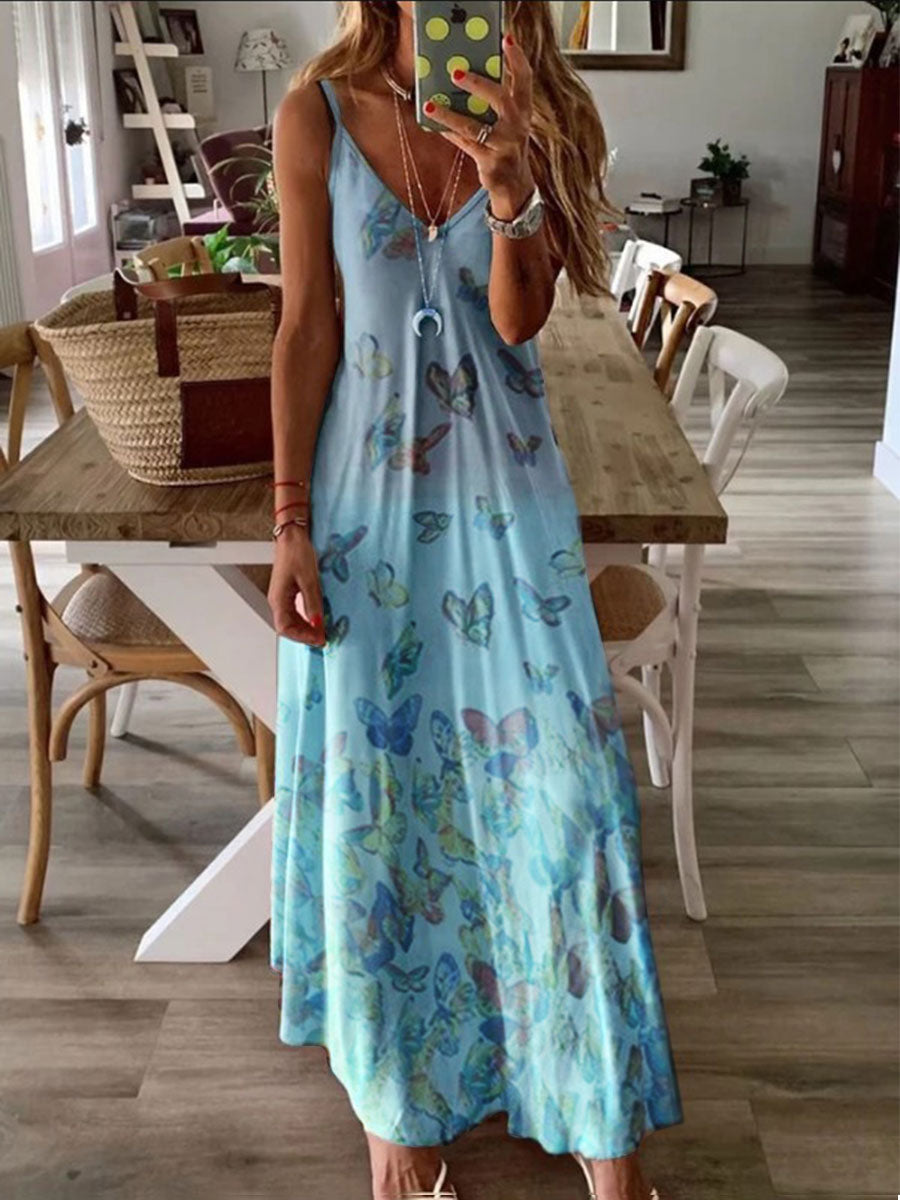 Fashion Holiday Butterfly Print Suspender Dress