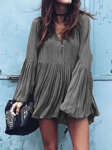 Holiday Fashion Long Sleeve Solid Color Pleated Dress