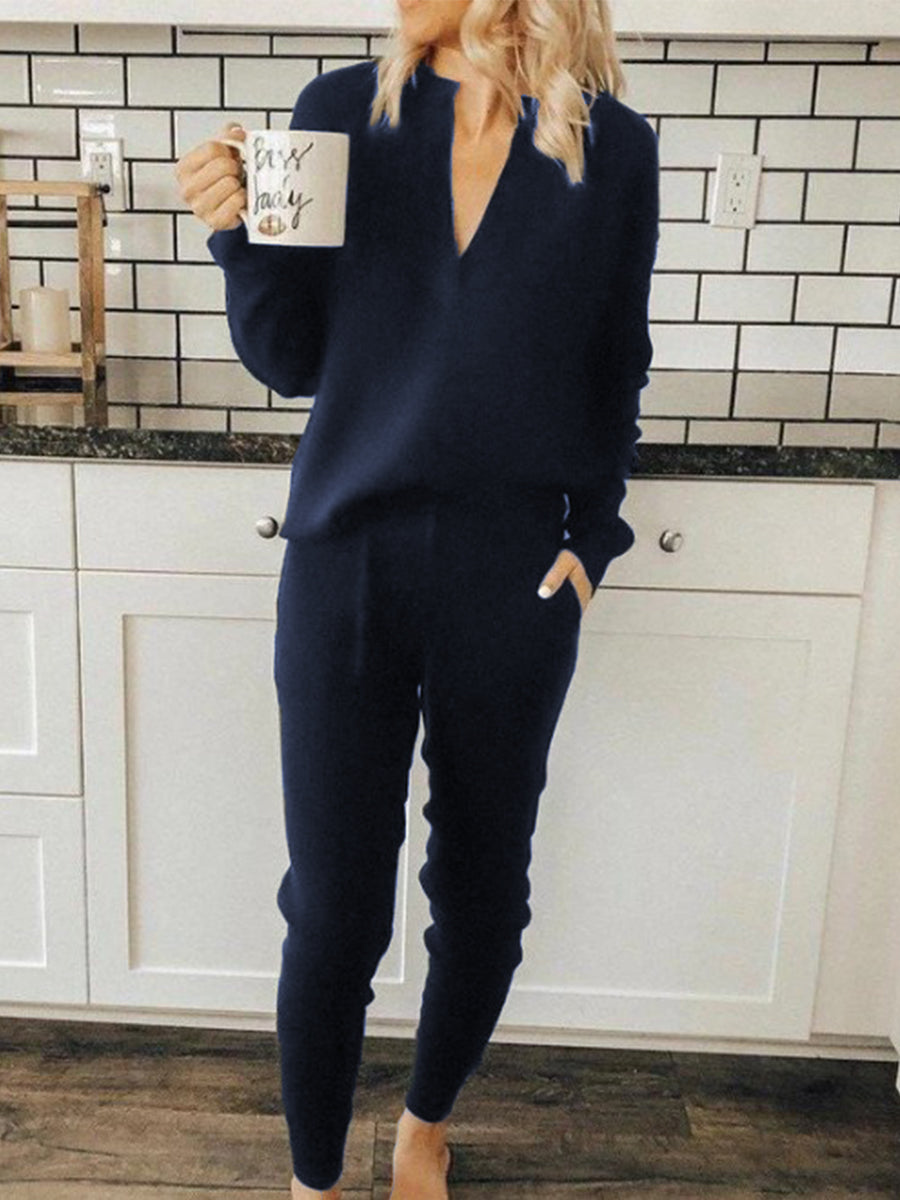 V-Neck Long Sleeve Top And Drawstring Slim Pants Set