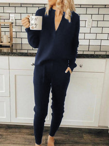 V-Neck Long Sleeve Top And Drawstring Slim Pants Set