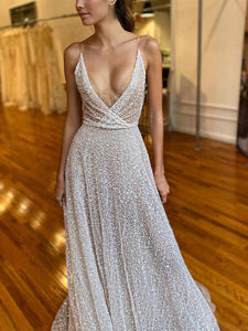 Fashion Sexy Sequin Suspenders Deep V-neck Mopping Evening Dress