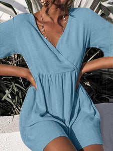 Solid Cross Front V-neck Pleated Casual Dress