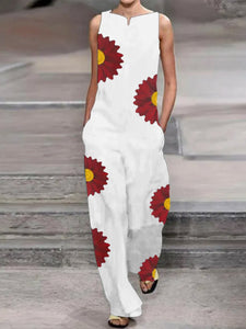 Fashionable Loose Casual Red Daisy Printed Jumpsuit