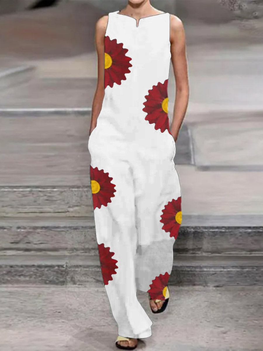 Fashionable Loose Casual Red Daisy Printed Jumpsuit