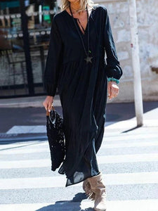 V-Neck Solid Color Loose Long Dress