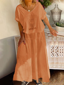 Fashion V-neck Short Sleeve T-shirt Two-piece Skirt