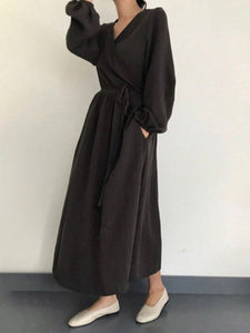 Solid Color Wild Fashion V-neck Long Sleeve Dress