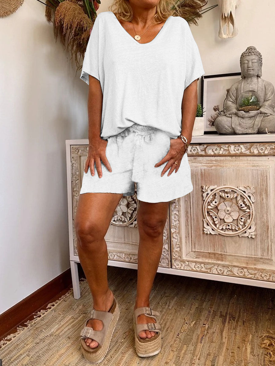 Casual Loose V Neck Top Shorts Set