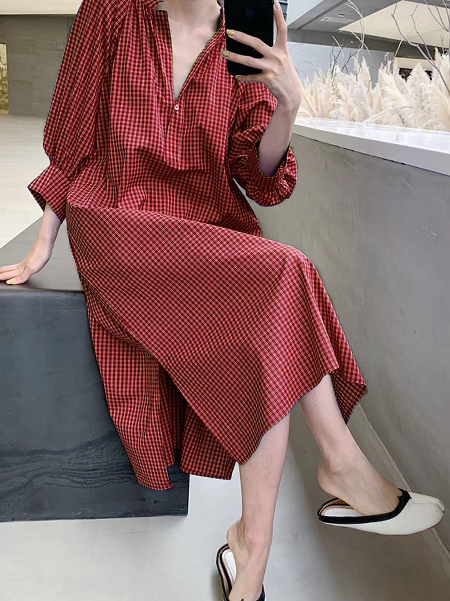 Loose Casual V-Neck Plaid Dress