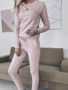 Casual Solid Color Long-sleeved Top Two-piece Suit