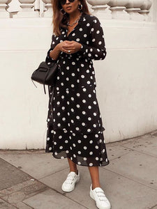 Fashion Polka Dot Printed Long Sleeve Casual Shirt Dress
