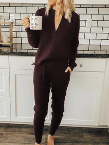V-Neck Long Sleeve Top And Drawstring Slim Pants Set