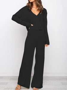 Casual Loose Solid Color Long Sleeve V-neck Two-piece Suit