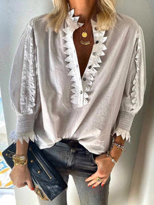 Button Collar Stringy Selvedge Puff Sleeves Casual Tops