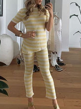 Load image into Gallery viewer, Round neck short sleeve striped printed knitted suit
