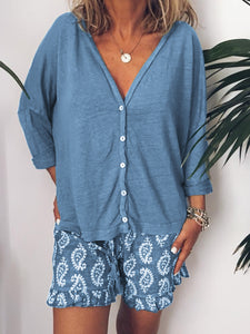 Simple Casual Loose Long Sleeve Top Floral Shorts Set