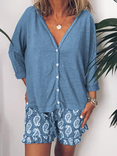 Load image into Gallery viewer, Simple Casual Loose Long Sleeve Top Floral Shorts Set
