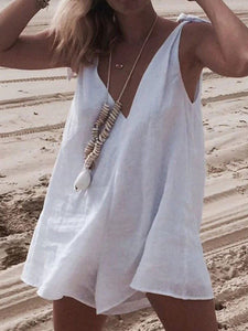 Bow V Neck Sleeveless Loose Short Rompers Jumpsuit