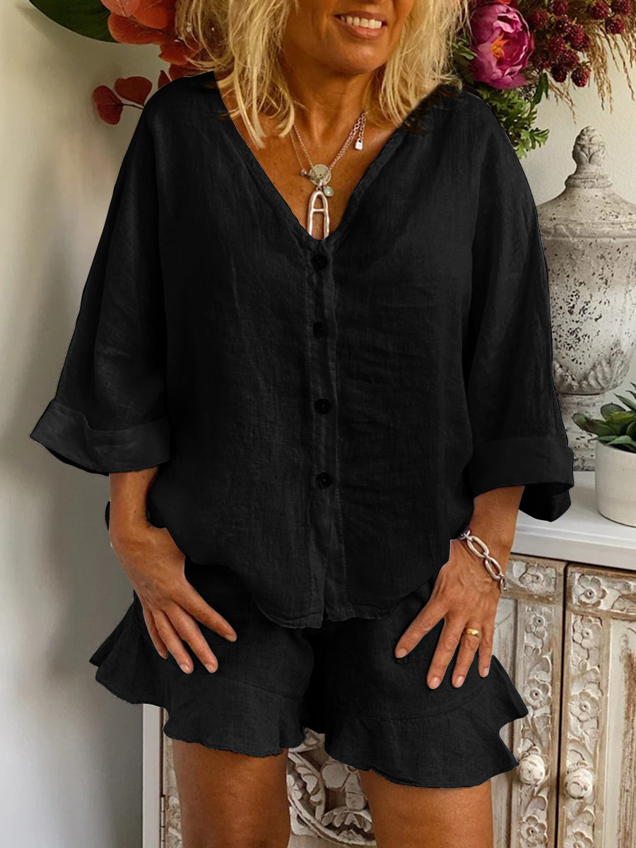 Simple Casual Loose V Neck Shirt Shorts Suit