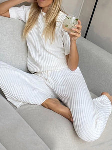 Casual Simple Loose Round Neck Top Pants Set