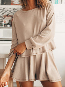 Solid Color Long Sleeve Top Loose Shorts Casual Suit