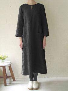 Pure Color Round Neck Long Sleeve Loose Casual Dress