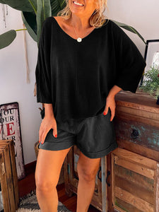 Simple Casual Loose V-Neck Top Shorts Set