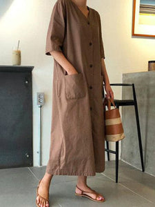Casual Loose Solid Color V-neck Short Sleeve Dress
