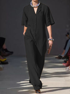 Fashion Casual Solid Color Lapel Jumpsuit