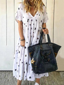 V-neck Short Sleeve Printed A-line Floral Dress
