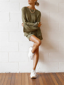 Fashionable Simple Casual Loose Long Sleeve Shorts Knitted Suit