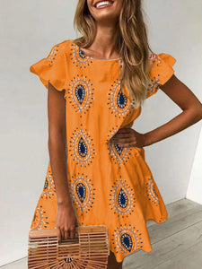 Round Neck Bohemian Print Ruffled Dress