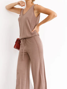 Casual Loose V-neck Solid Color Two-piece Suit