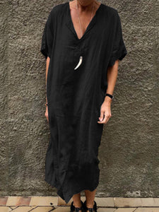 V-neck Solid Color Short Sleeve Dress