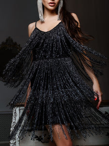 Sling V-neck Tassel Evening Dress