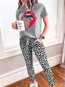 Casual Loose T-Shirt Pants Leopard Print Suit